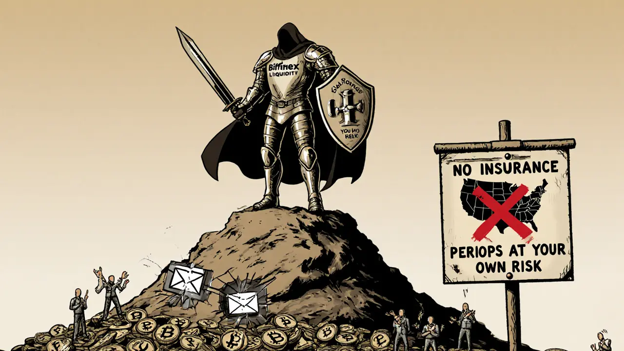 Armored Bitfinex figure on a coin mountain, rejecting user help requests, with a &#039;No Insurance&#039; warning sign.