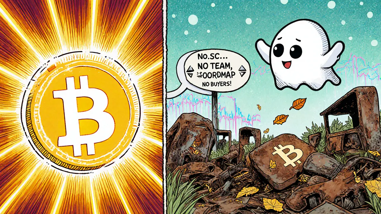 Bitcoin and Ethereum thrive on one side; B.S.C. rots in a crypto junkyard as a ghost hovers above it.