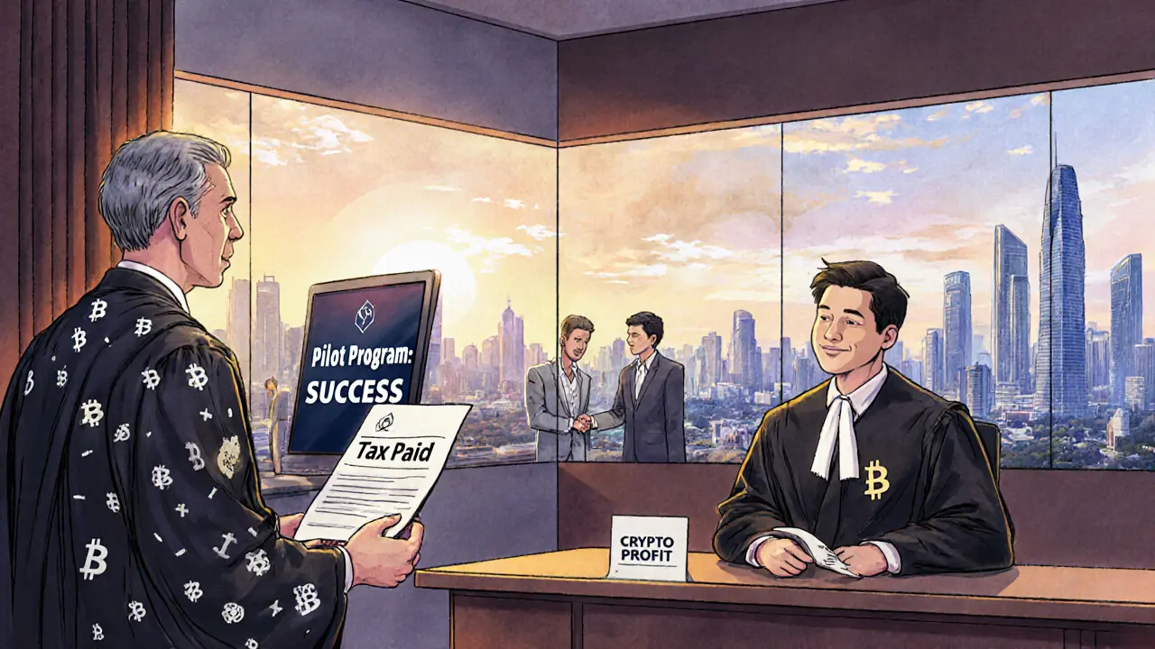 Courtroom declares pilot program success with Vietnam’s blockchain future rising in background.