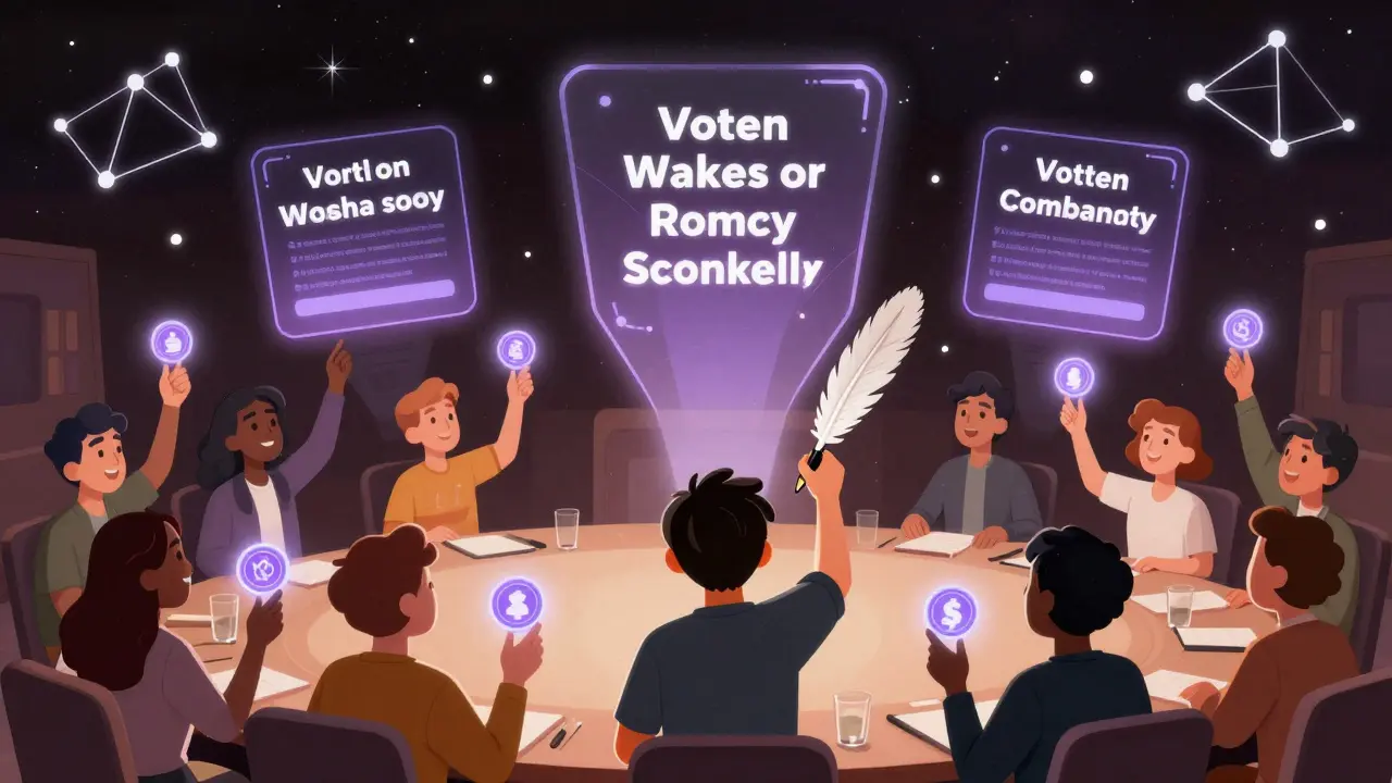 Creators and fans vote on new content using glowing social tokens in a cosmic DAO meeting with holographic options.