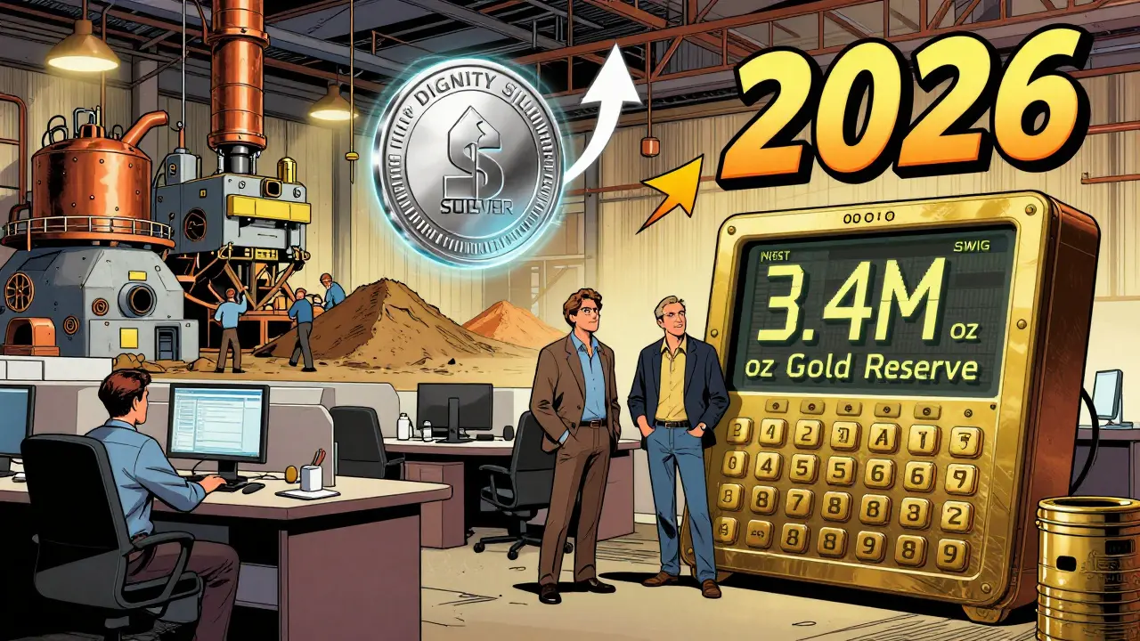 Dignity Gold founders beside a digital gold reserve ledger, with mining tech and a rising silver token in the background.