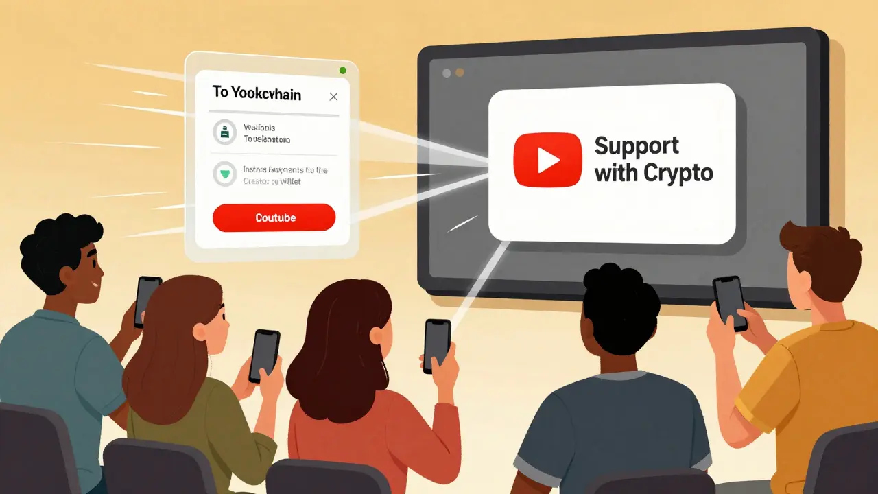 Fans click a simple crypto support button under a video, with payments flowing instantly to the creator’s wallet.