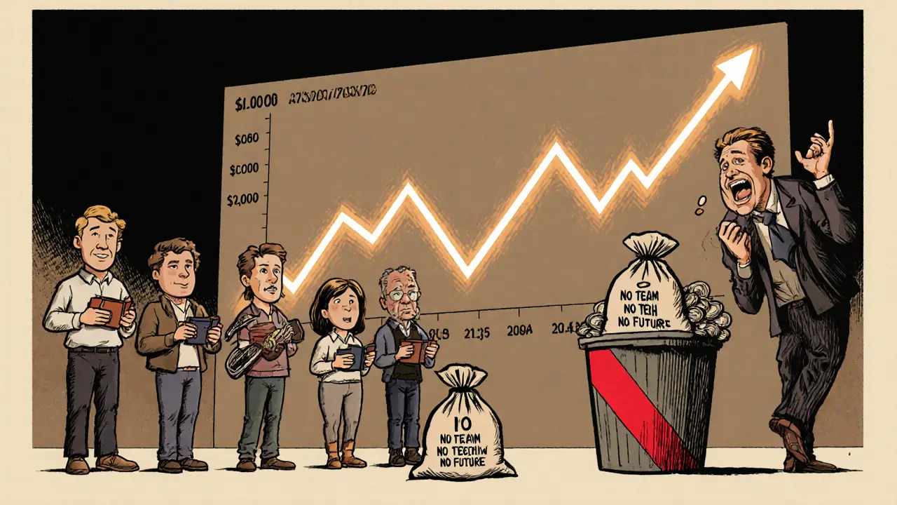 Investors stare at a crashing price chart as one trader dumps tokens into a trash can labeled &#039;No Team, No Tech&#039;.