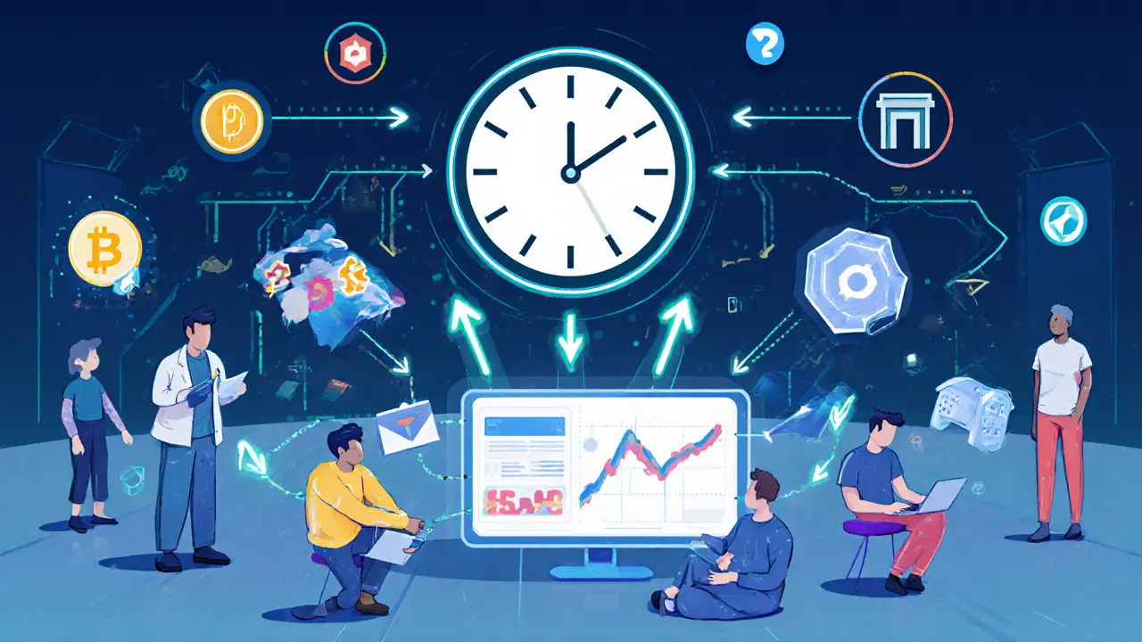 Multi-chain NFT trading floor with users exchanging assets across Ethereum, Solana, and Polygon, connected by glowing transaction arrows and a royalty-distributing smart contract clock.