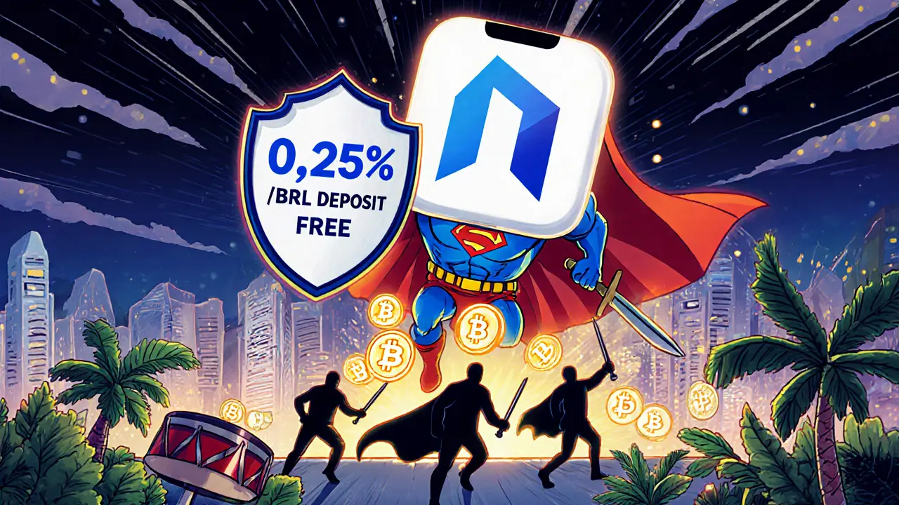 NovaDAX app as superhero landing on Rio rooftop, defeating rival exchanges with fee shield and free deposit sword