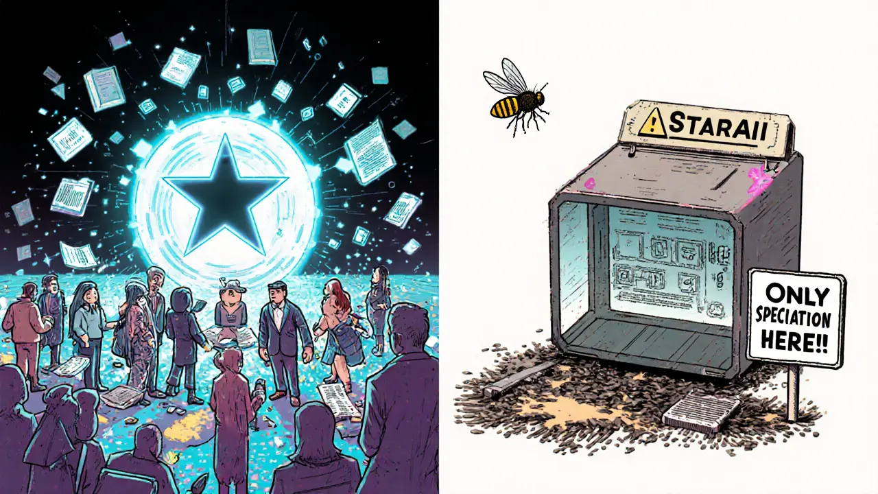 Split comic panel: vibrant AI project on left, hollow shell labeled &#039;Star AI&#039; on right with a fly buzzing nearby.