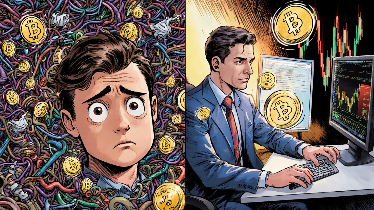 Split scene: confused beginner overwhelmed by complex interface vs. professional trader executing a smooth trade.