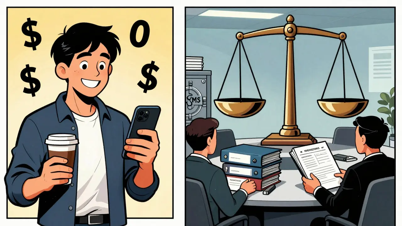 Split scene: individual using crypto tax-free vs. business submitting compliance documents to regulators.