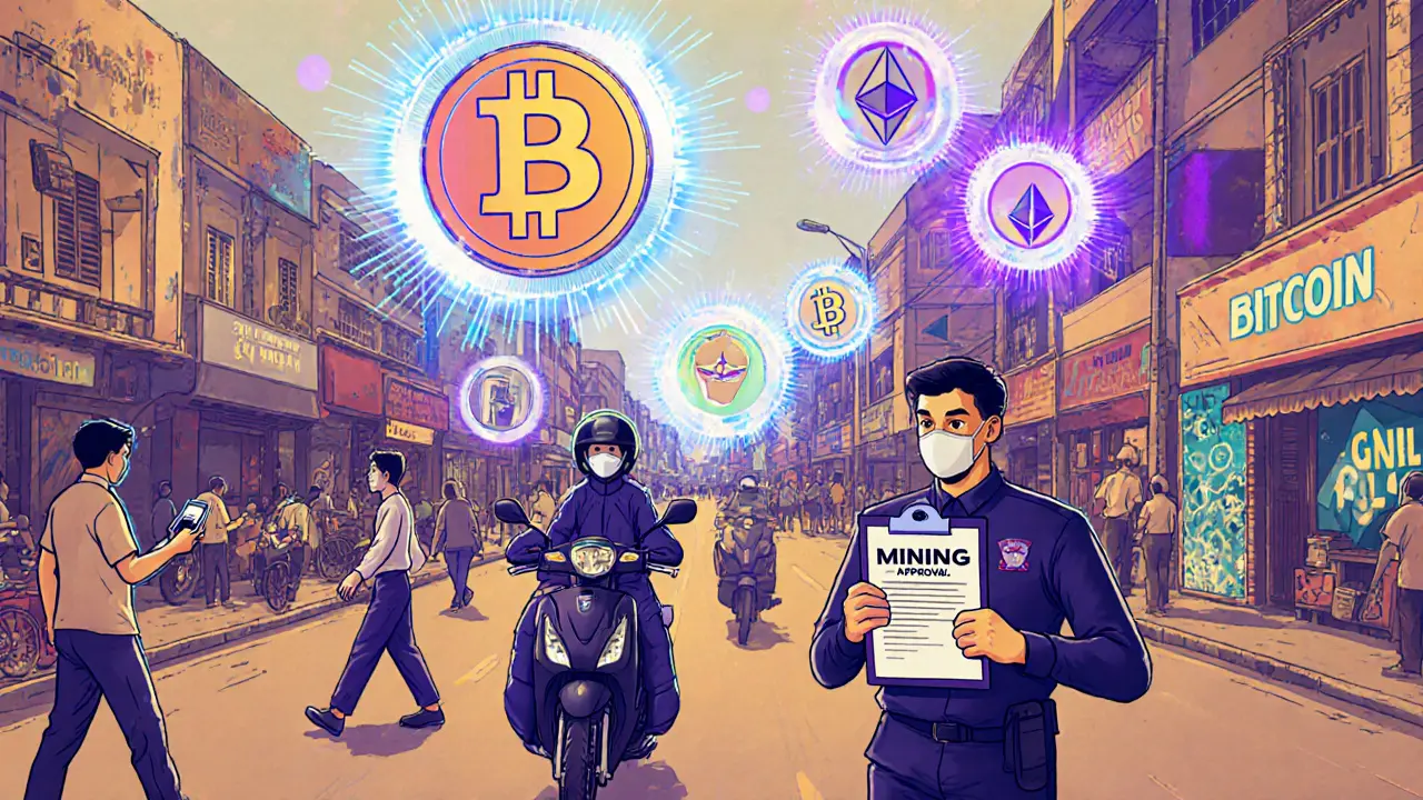 Vietnamese citizens use licensed crypto wallets in city street while NFTs float above and miner is escorted away.