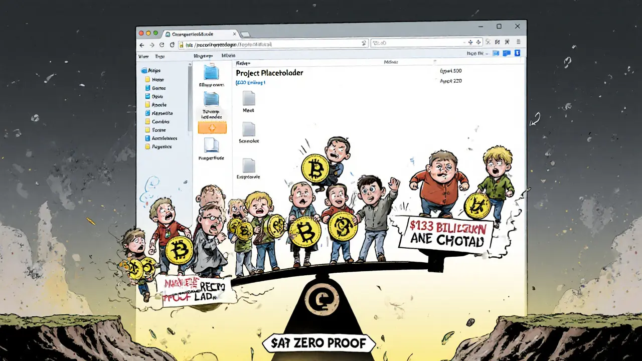 105 people on a scale labeled  billion, standing over a pit labeled &#039;Zero Proof&#039; with a fake GitHub folder.