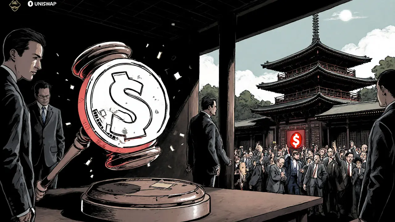 A courtroom scene shows SushiSwap&#039;s reward system under regulatory threat, contrasted with Uniswap&#039;s stability.