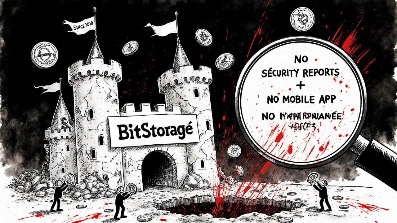 A crumbling castle of promises collapsing into a pit of crypto coins, labeled BitStorage in comic illustration style.