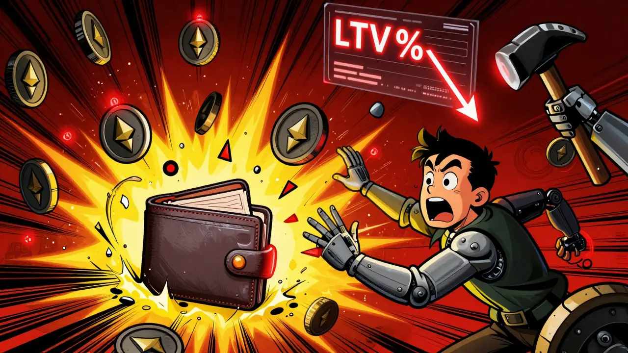 A crypto wallet is being liquidated as tokens fall and a robotic arm destroys collateral.