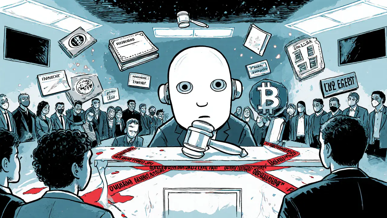 A faceless smart contract stands trial in a courtroom surrounded by floating wallet addresses and mixer logos.