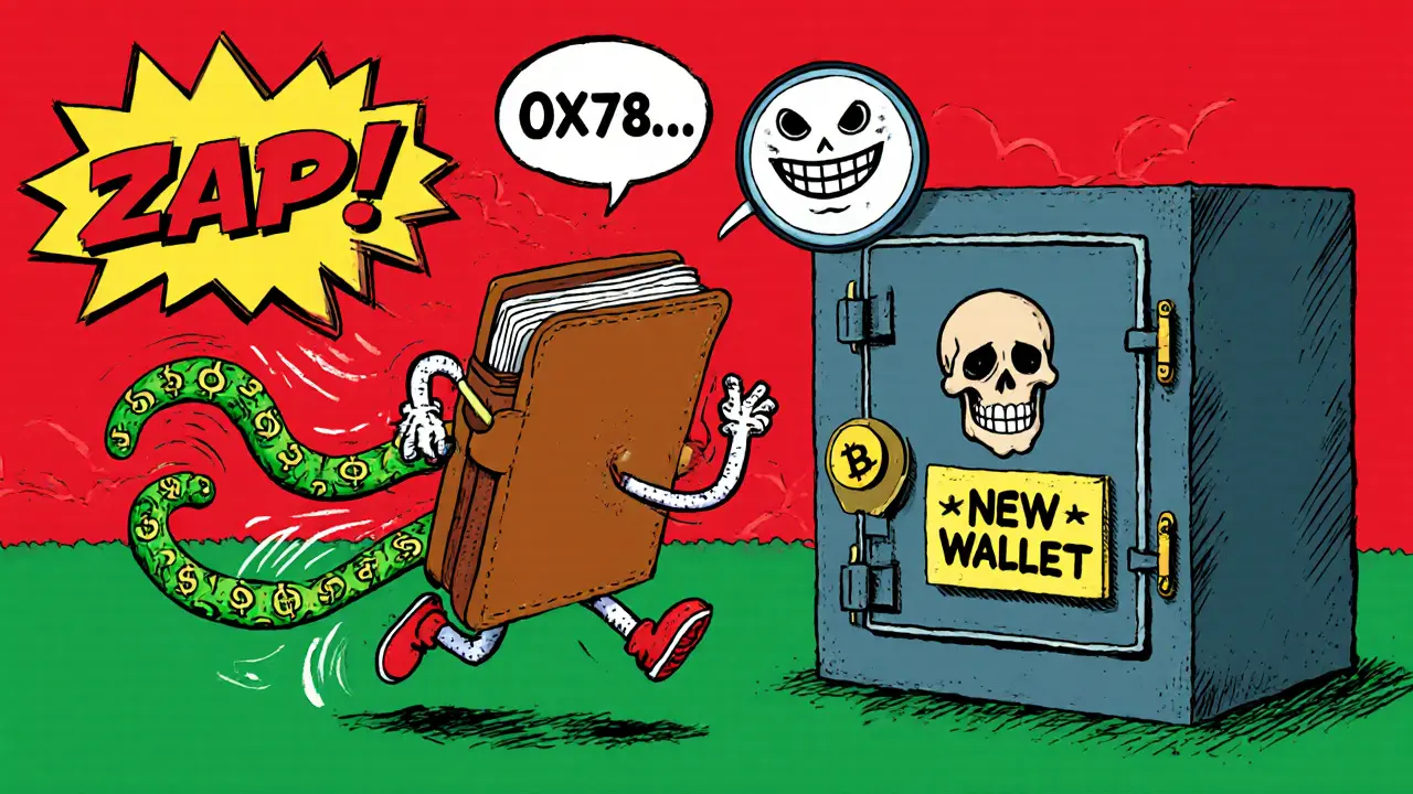 A wallet escapes a malicious contract with tentacles, leaping to safety as a skeleton scammer chases behind.