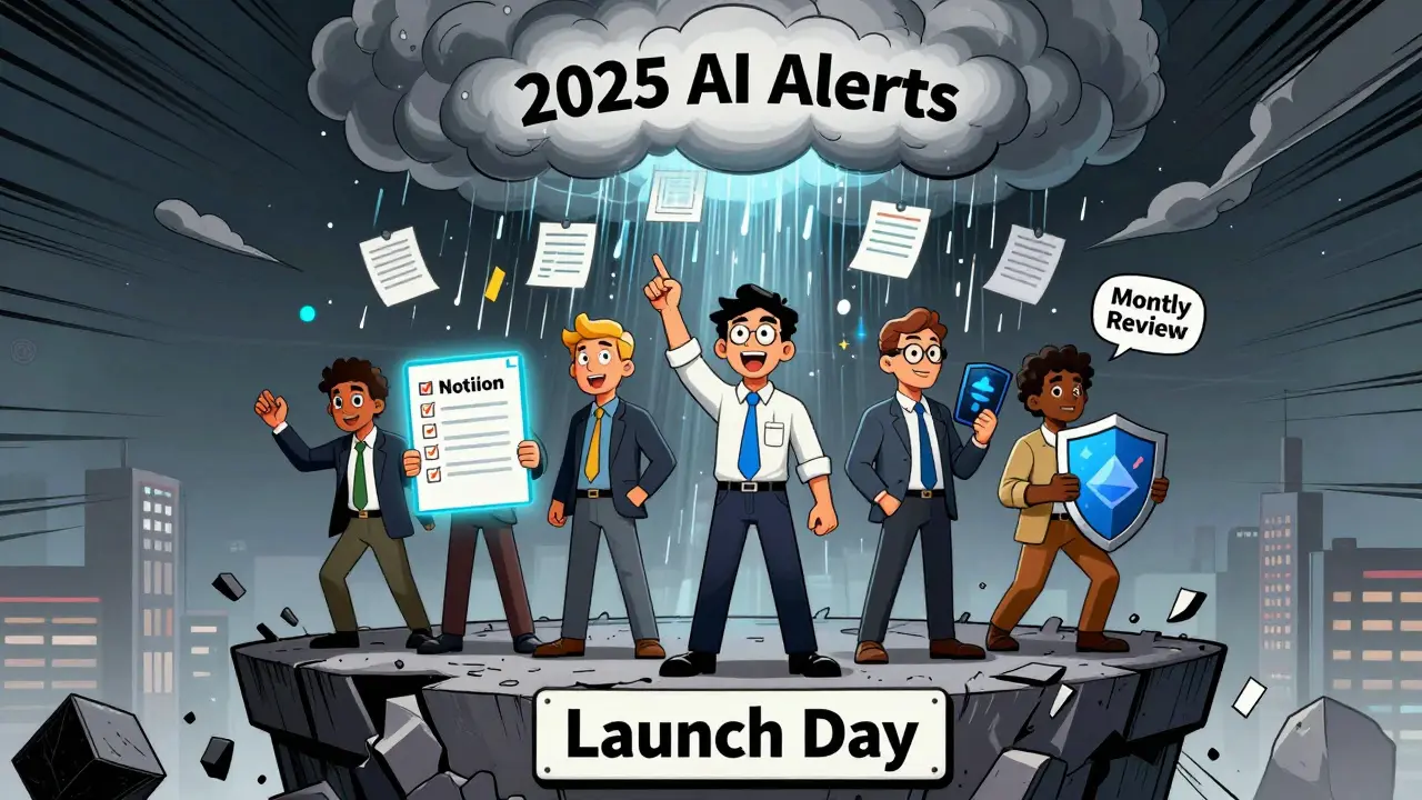 Blockchain team facing a regulatory storm, using a compliance dashboard to stay safe, illustrated in bold comic style.