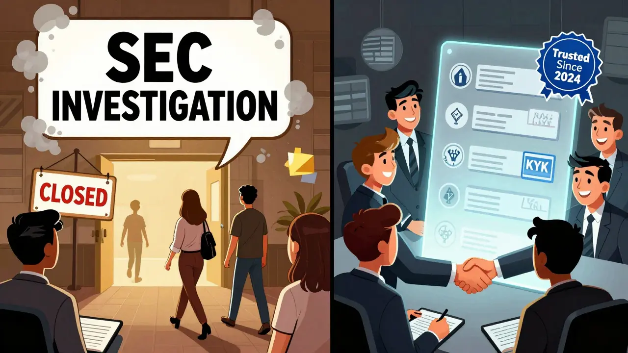 Contrasting scenes: a failed crypto project vs. a trusted one with verified compliance, shown in vibrant comic illustration.