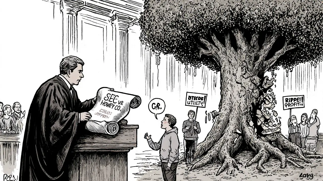 Courtroom scene with 1946 legal scroll, Bitcoin standing strong, Ethereum and Ripple crumbling, investors divided.