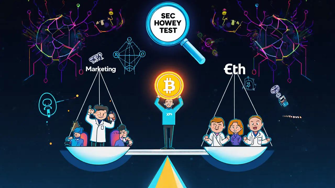 Crypto investor caught between a team controlling token value and a decentralized network, SEC magnifying glass above.