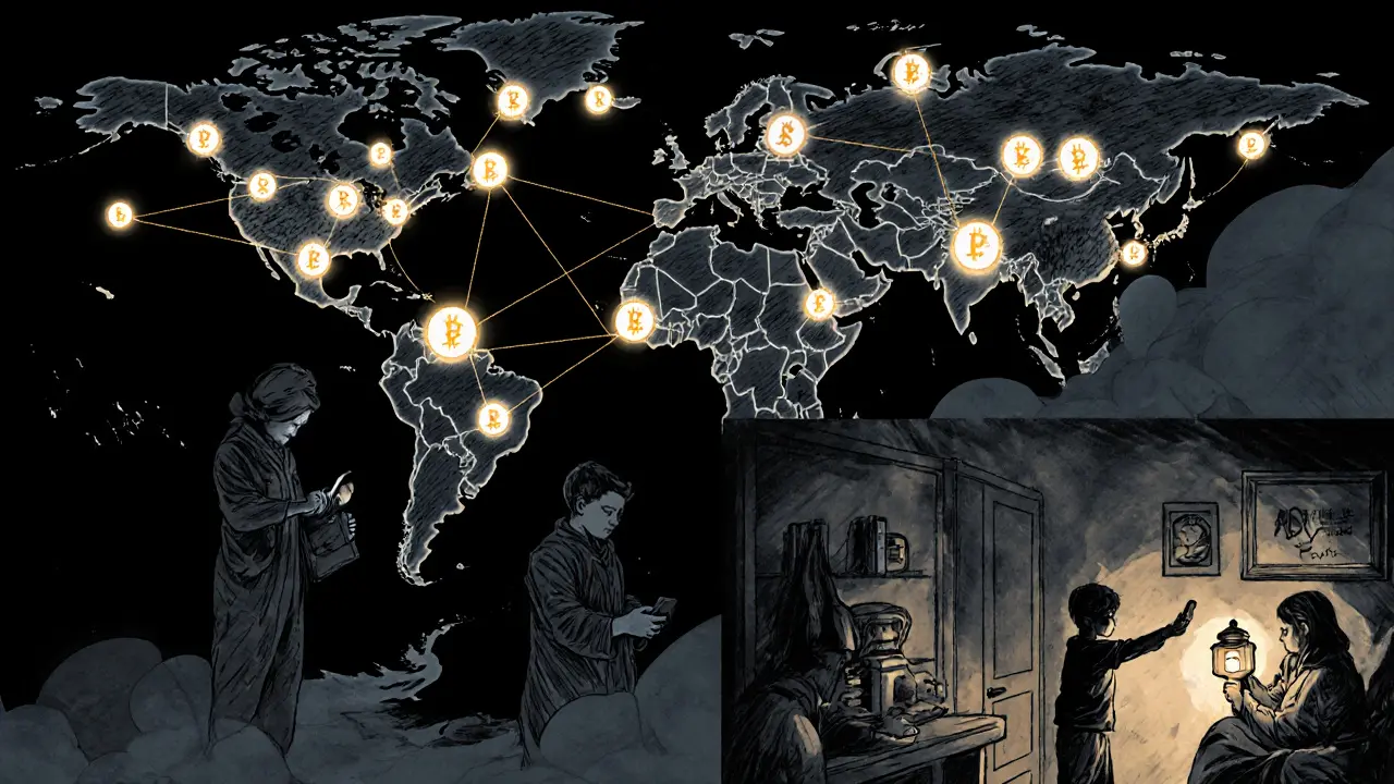 Decentralized crypto network stays alive during crackdown, users connected by glowing nodes.