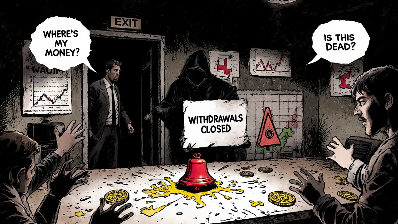 Empty exchange counter with &#039;Withdrawals Closed&#039; sign, melting tokens, and a vanishing team through an &#039;Exit Scam&#039; door.