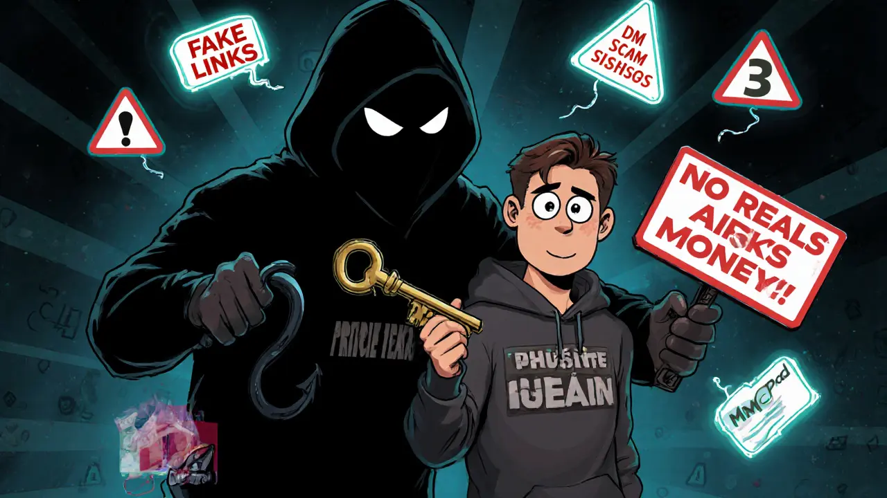 Investor resisting a scammer, surrounded by warning signs, with official MultiPad and CMC logos glowing safely.