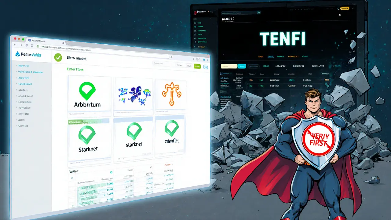 Legitimate crypto projects like Arbitrum and Starknet shine brightly while a fake TENFI site crumbles in the background.