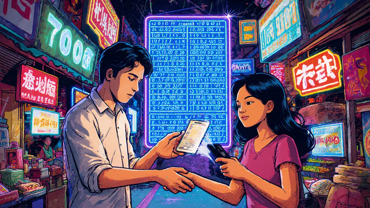 Market vendor receives instant crypto payment on phone, digital ledger glowing behind them.