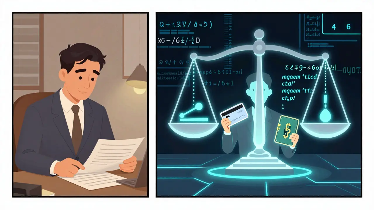 Side-by-side comparison of traditional banking and DeFi lending with a borrower caught between both.