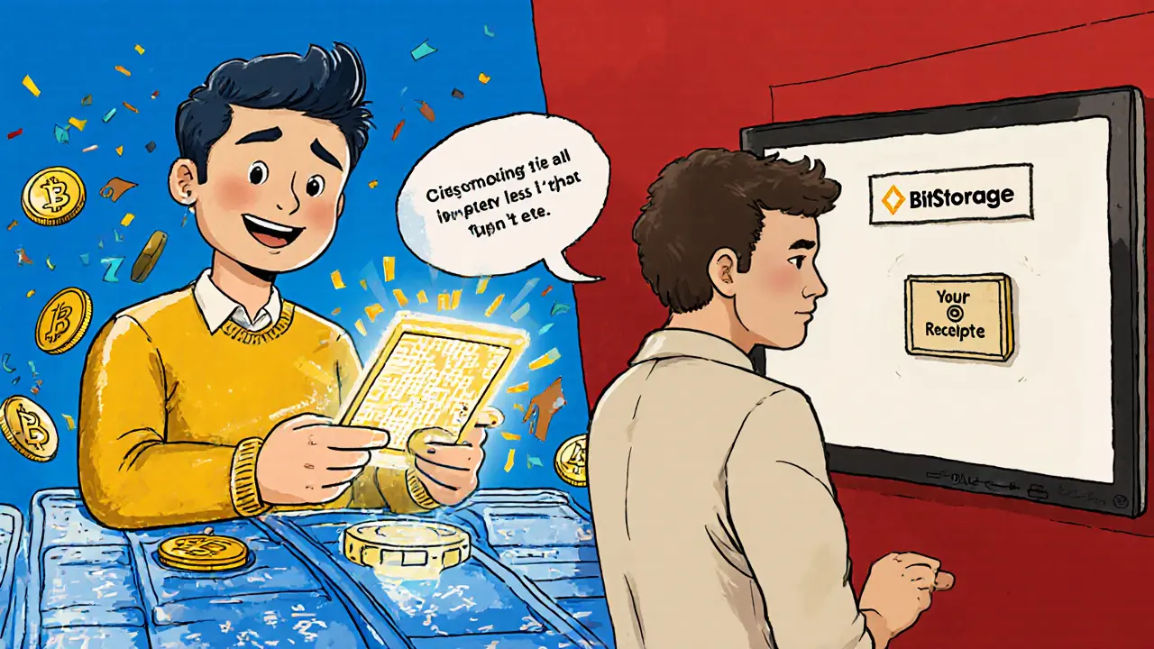 Split scene: trusted exchange with transparent data vs. BitStorage with a locked vault and blank screen.