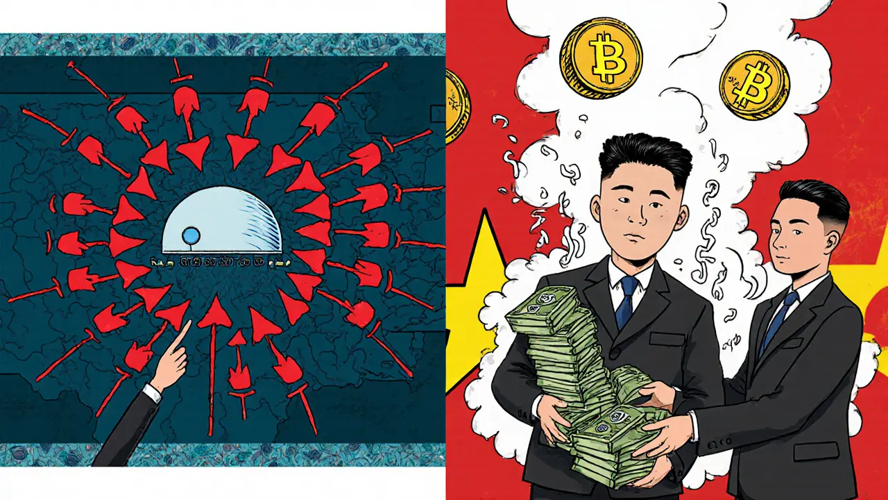 Split scene: U.S. agents track crypto flows on a blockchain map while North Korean operatives receive cash from a broker in Asia.