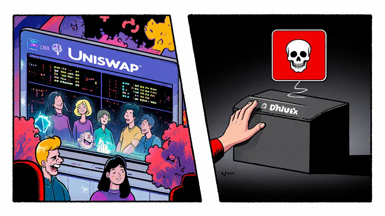 A comic-style split scene: transparent, active Uniswap on one side, and a dark, opaque DubiEx box on the other with a warning skull.