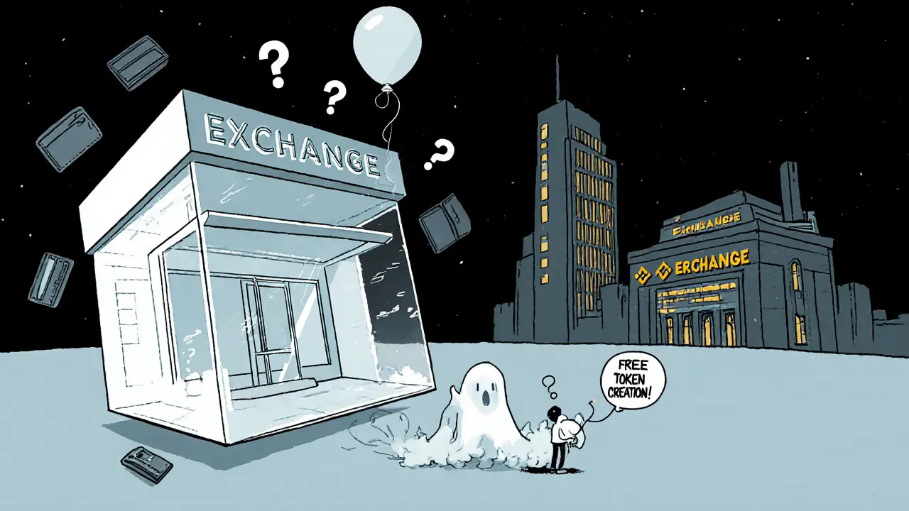 A ghostly DubiEx building floats in darkness as question marks and deflating balloons drift around it, while trusted exchanges shine on the horizon.