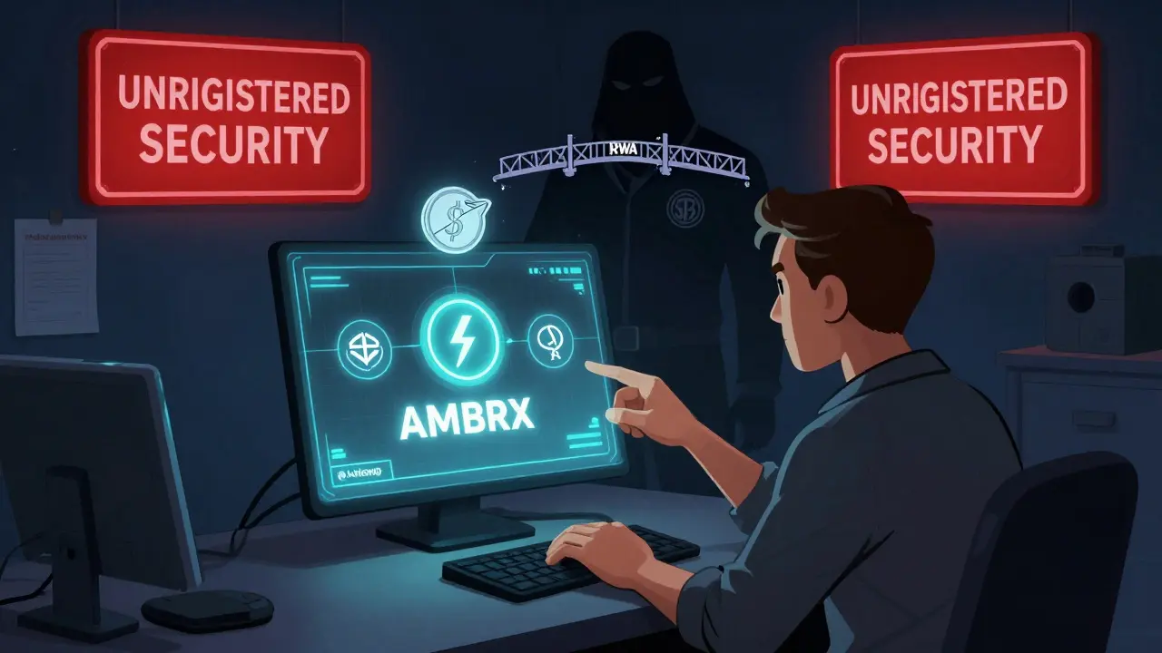 A trader at night swaps ETH for AMBRX on a decentralized exchange, while a shadowy regulator warns of unregistered security risks.