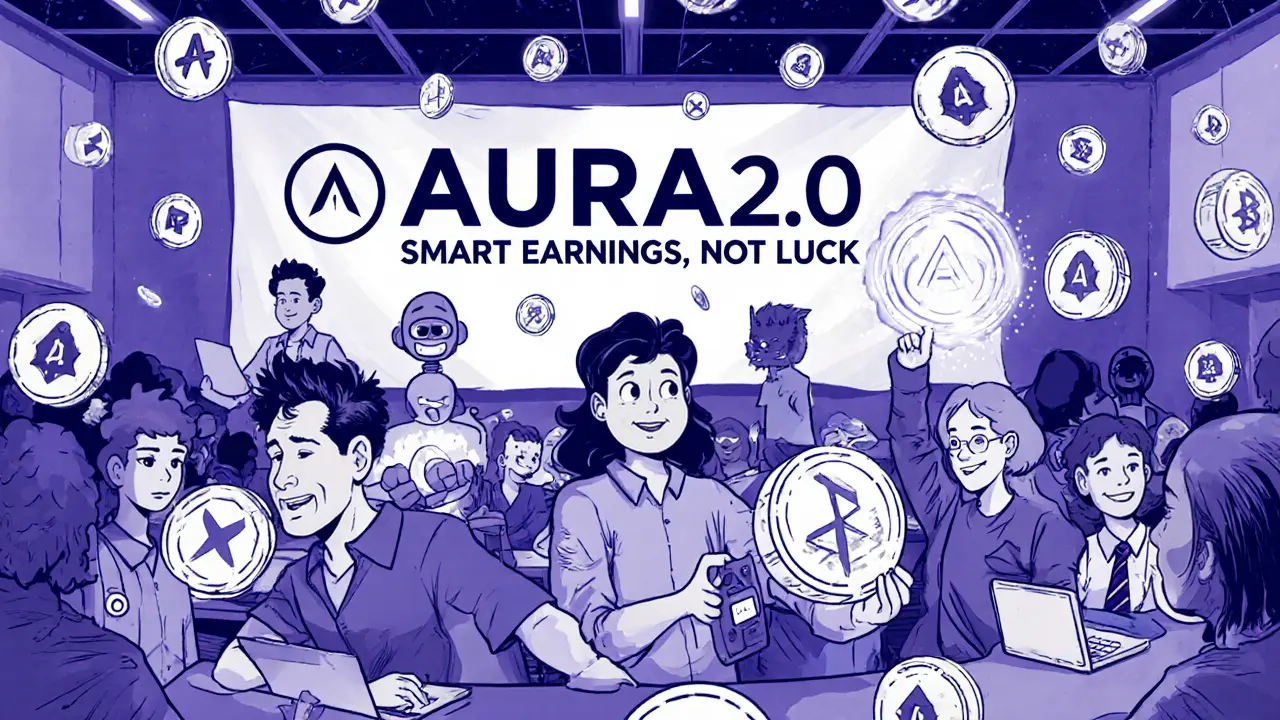 Developers build tools for AURA at a Web3 hackathon, with glowing ADX tokens and verified project logos around them.