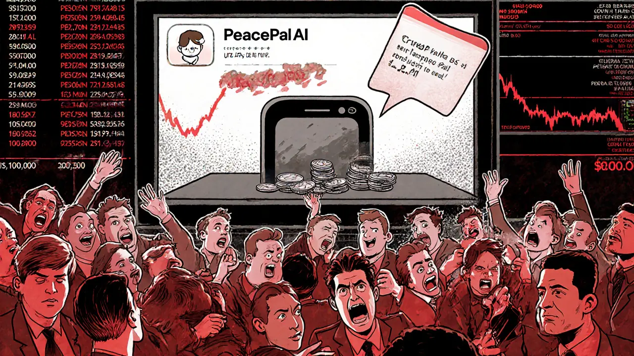 Investors trading PEACE coins while a blank PeacePal AI app icon sits unused on a shelf.