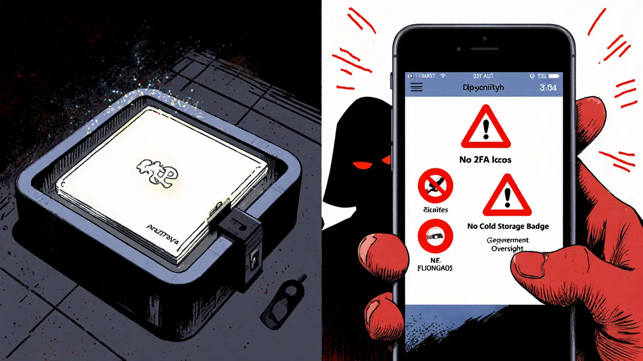 Split image: secure hardware wallet vs ARzPaya app with red warnings, no 2FA, shadowy government figure in background.