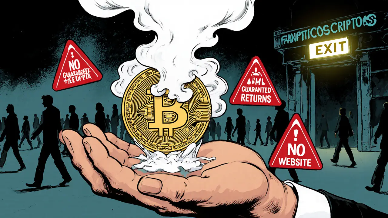 A Bitcoin coin melts into smoke as red warning icons float around it, with a vanished exchange in the background.