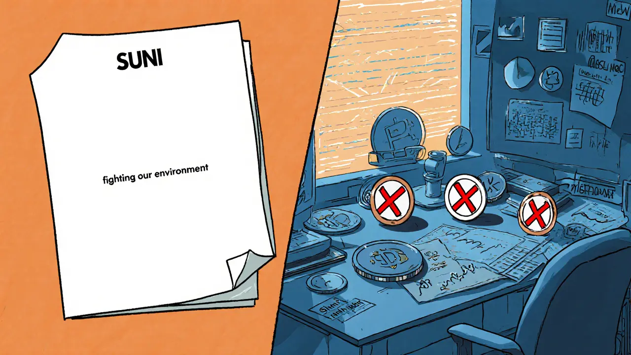 A blank SUNI whitepaper next to crossed-out crypto project icons, highlighting lack of information.