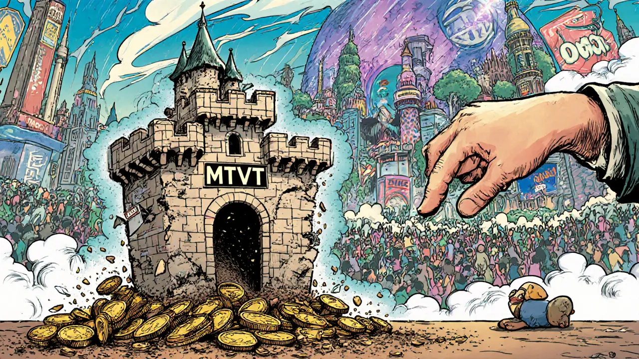 A crumbling MTVT castle collapses into dust as a curious investor reaches out, while vibrant metaverse worlds thrive behind.