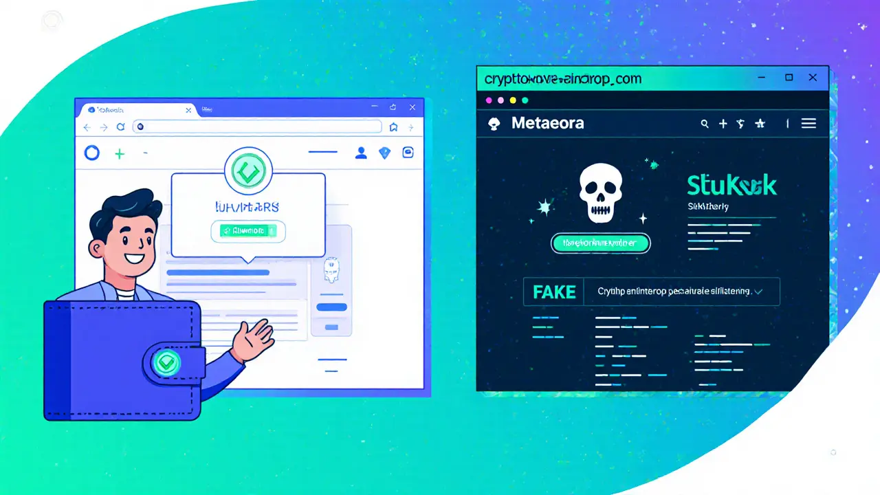 A legitimate crypto airdrop notification on a wallet interface, with a verified developer and real blockchain activity, contrasted with a glitching scam site.