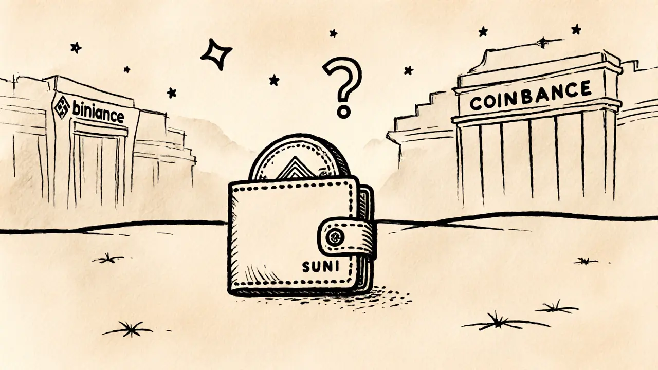 A lone SUNI token in a wallet, isolated in a vast digital void with distant exchanges fading away.