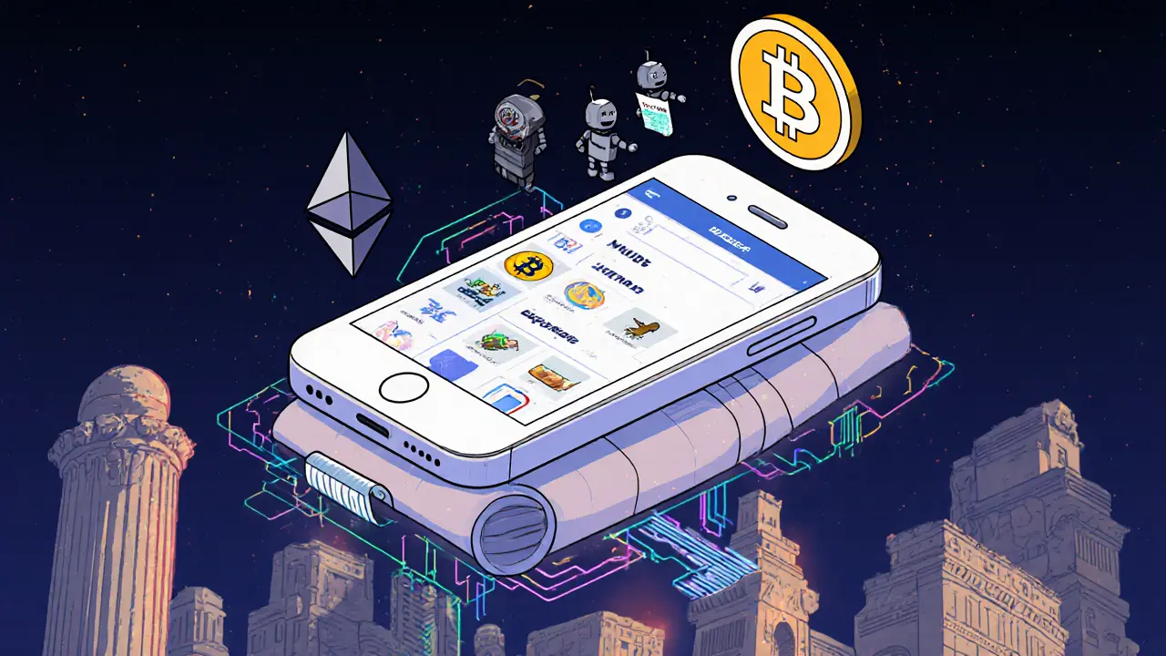 A mobile wallet floating above a city, with invisible rollups processing millions of transactions beneath Bitcoin and Ethereum pillars.