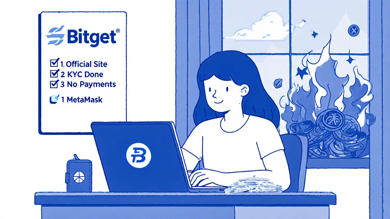 A person safely buying SCIX on Bitget with a verification checklist on the wall, while scam websites burn in the background.