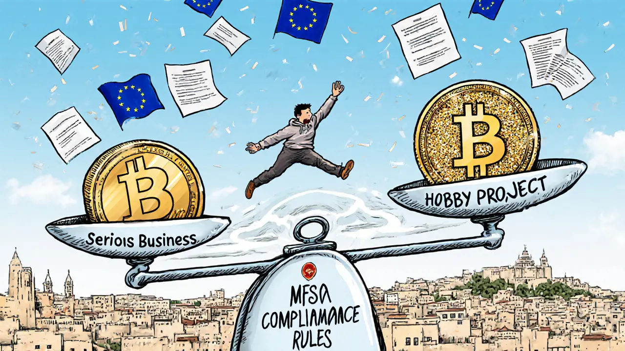 A professional crypto business outweighs a meme coin on a scale guarded by MFSA compliance rules.