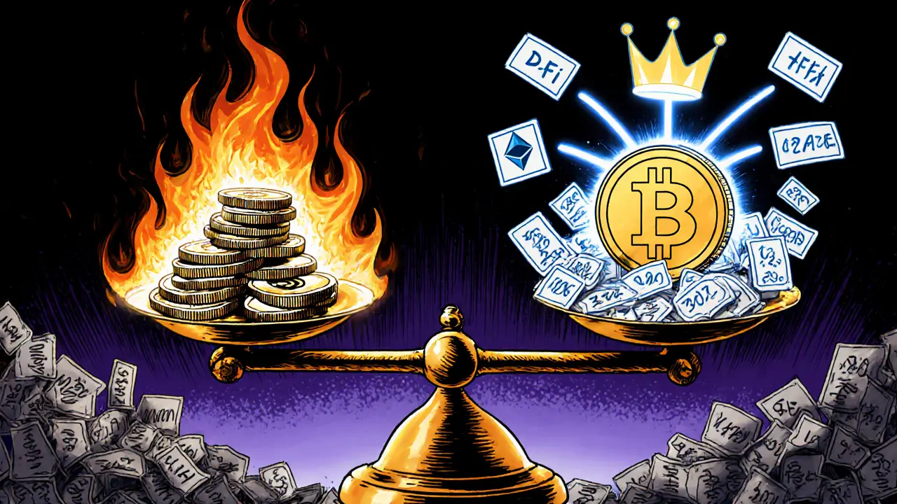 A scale balances burning lottery tickets against a safe USDC coin surrounded by tickets and a prize crown, symbolizing no-loss savings.