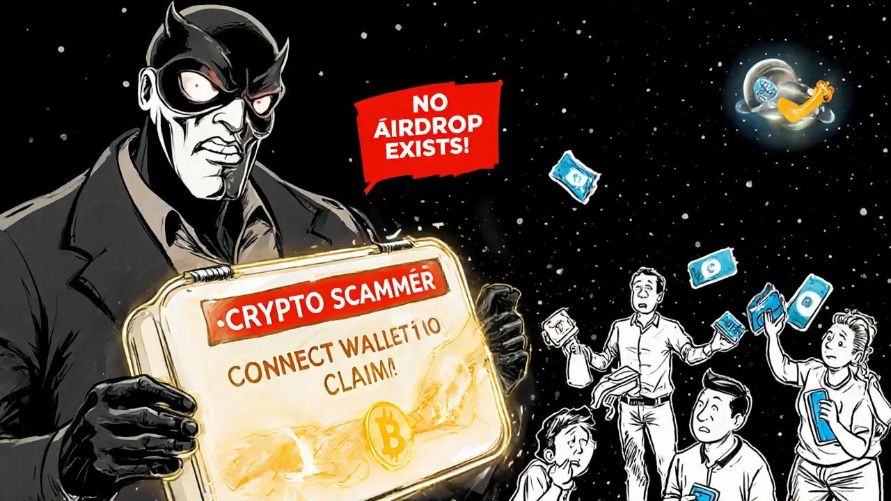 A scammer using a machine to drain wallets, with victims being pulled into a black hole, while a warning banner declares &#039;No Airdrop Exists&#039;.