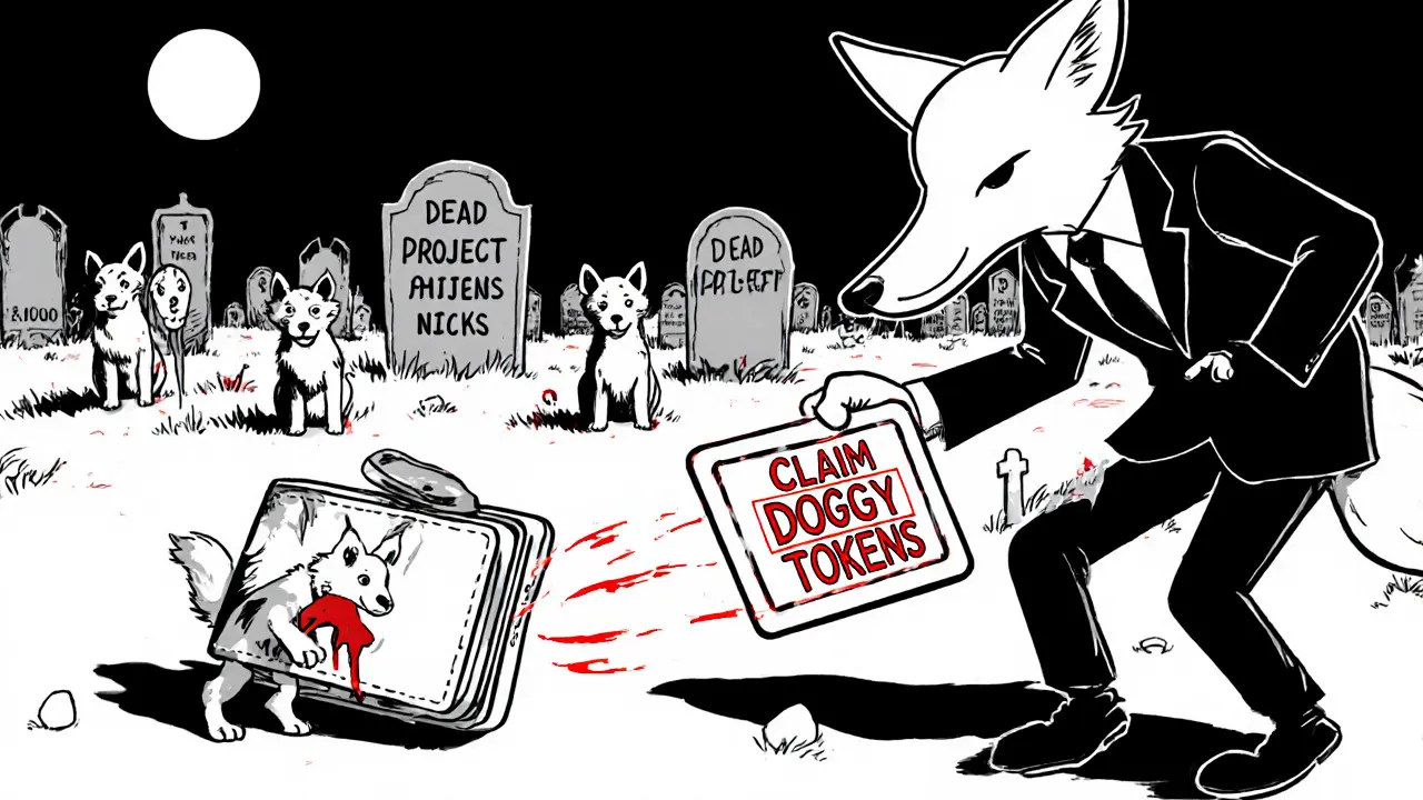 A wallet being tricked by a fox in a suit toward fake DOGGY tokens, while dog NFTs lie dead in a graveyard.