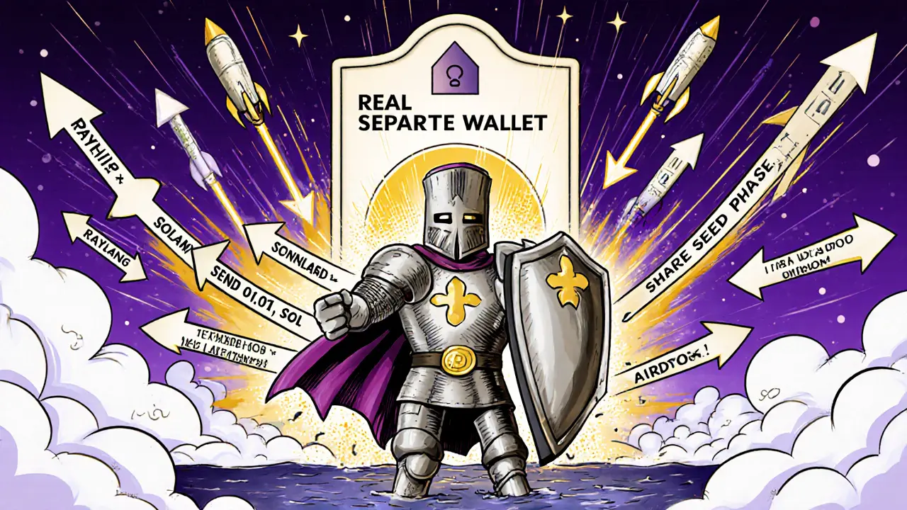 A wallet knight defending against scam arrows, with safe airdrop rockets launching in the background under a calm harbor of secure practices.