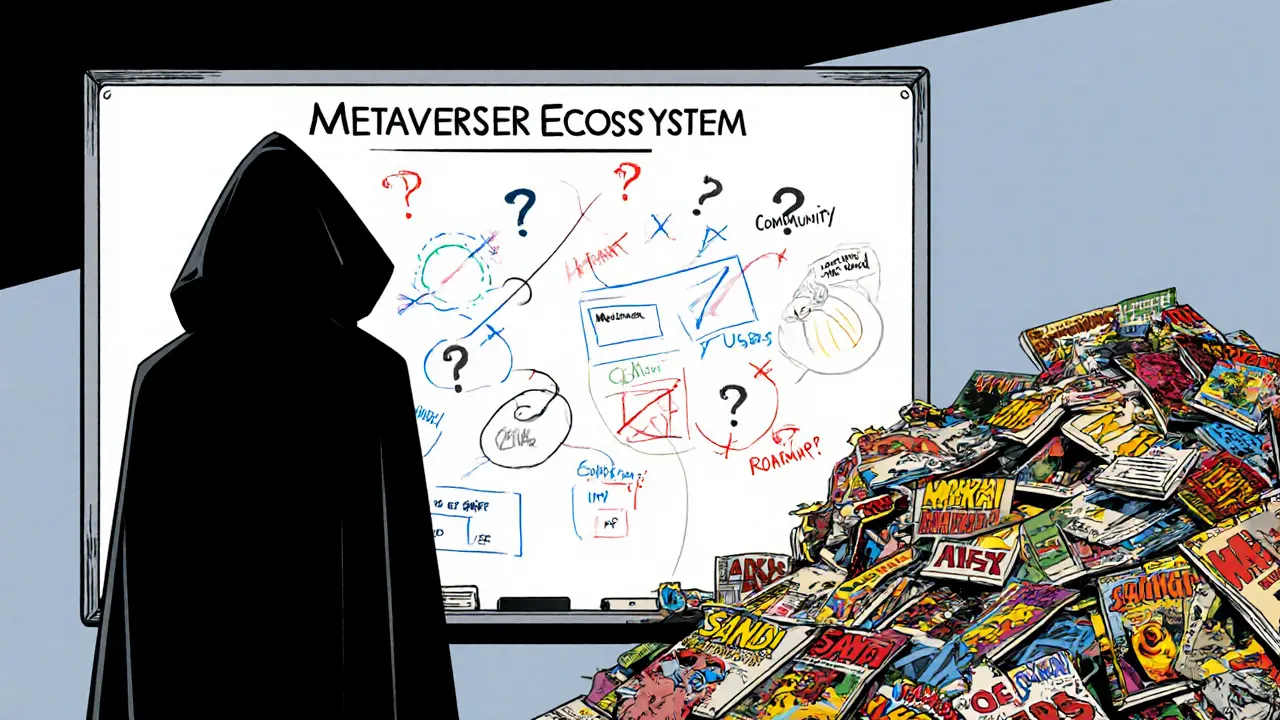 An anonymous figure stands before a blank whiteboard filled with question marks, surrounded by discarded successful crypto comics.